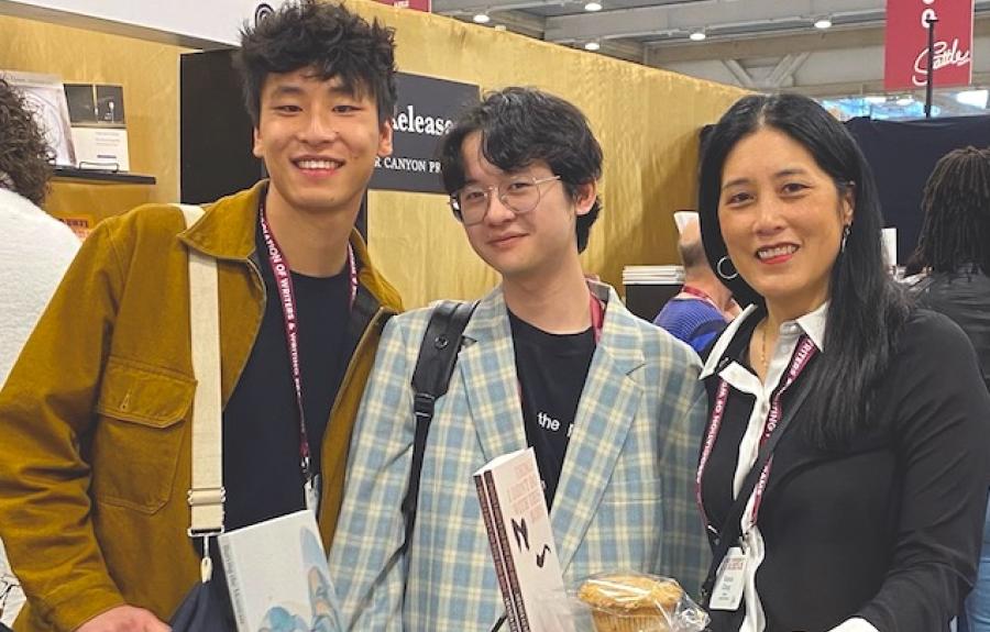 MFA student Derek Chan (poetry) poses with authors Shangyang Fang and Victoria Chang (who visited Cornell this spring as a Zalaznick Reading Series speaker).