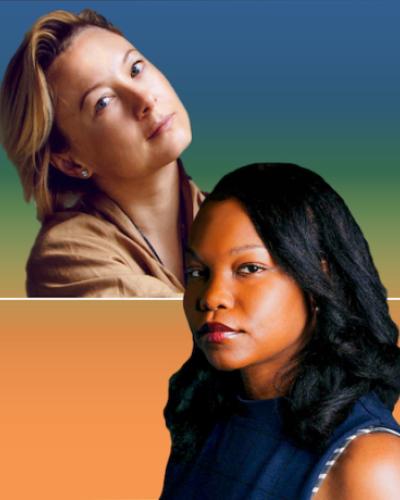Staggered silhouette headshots of Valzhyna Mort and Nafissa Thompson-Spires on colorful gradient background